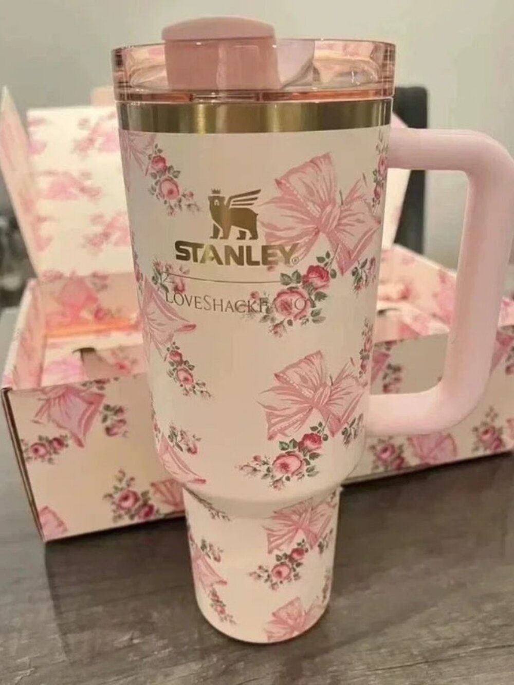 Floral Stanley LoveShackFancy Tumbler Cup with Handle Pink Flower Design